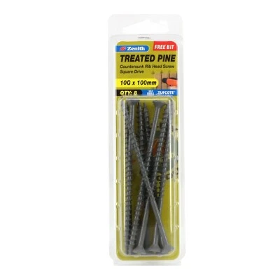 Zenith 10G x 100mm Tufcote Countersunk Rib Head Treated Pine Screws - 8 Pack