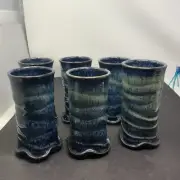 Studio Art Pottery Six 16 Oz Drip Glaze Tumblers Artist Signed - Stunning!!!