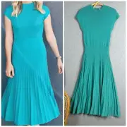 Portmans Juno Milano Pleated Dress Turquoise Cap sleeve stretch knit Size L