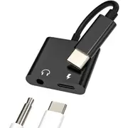 (2in1) USB C AUX Jack Splitter Audio Charger Adapter For iPhone 15 Pro Max Xiaomi Samsung Type C To 3.5mm Adapter Earphones Jack Cable - Black
