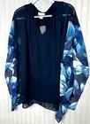 Avenue Womens TOP 16 Navy Blue White Floral V-Neck Flowy Overlay Elegant NEW