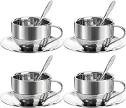 4 Pack Stainless Steel Coffee Cup Set, 6 Oz Coffee Mugs with Spoon and Saucer, Double Walled Espresso Cups Mugs for Coffee, Latte,Tea, Milk