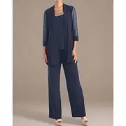 Jumpsuit / Pantsuit Mother of the Bride Elegant Simple Square Neck Tank Top With Beading Details Floor Length Crepe With 3/4 Sleeve Chiffon Jacket