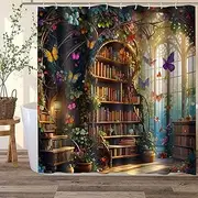Fantasy Library Shower Curtain Greenhouse Plant Flower Butterfly Bookshelf Bath Shower Curtains 72x72 Inches Fairytale Wonderland Bathroom Decor Accessories with 12 Hooks