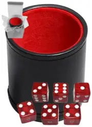 (6) 16mm Red Transparent Dice + Black PU Leather Red Felt Lined Cup Sealed Box