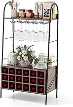 Giantex Freestanding Wine Bar Cabinet w/Detachable Wine Rack & 5 Rows of Stemware Holder, 2 Storage Shelves, Anti-toppling System, Baker's Rack for Kitchen, Dining Room, Home Bar, Rustic Brown
