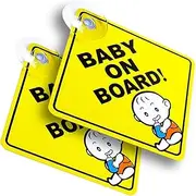 2PCs Baby on Board Car Window Clings with Suction Cups - Reusable Safety Warning Signs for Child in Car, Removable Sticker Decals for Back/Side Windows, No Residue