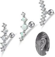 [Kakonia] 3 Pcs 16G Stainless Steel Cartilage CZ Stud Earrings for Women Girls Helix Conch Daith Piercing Jewelry Set