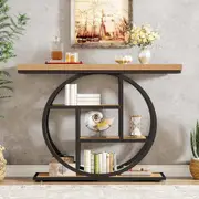 Tribesigns 41.3" Console Table, Industrial 4-Tier Sofa Table Entryway Table with Circle Base, Narrow Wood Accent Tables with Storage Shelves for Living Room, Hallway, Foyer, Light Brown