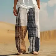 Men's Color Block Patchwork Trousers Casual Pants Drawstring Elastic Waist Hawaiian Ethnic Casual Outdoor Vacation Holiday Side Pockets Straight Leg Trousers S