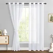 Hiasan White Sheer Curtains 84 Inches Long with Tiebacks, Light Filtering Semi Transparent Lightweight Voile Grommet Window Curtains for Bedroom, Living Room, W52 x L84, Set of 2 Drape Panels