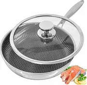 [AUDANNE] Frying PanS with Lid, 10" Large Stainless Steel Honeycomb Skillet with Handle - Oven Safe Induction Cooking Fry Pan, Black 10 inches