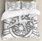 Duvet Cover Set, Dangerous Octopus on Helm of Sailing Ship with Tentacles