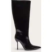 Black PU Point Toe Knee High Stiletto Heeled Boots, Black