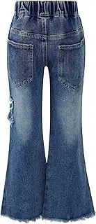[Sinleey] Kids Girls Vintage Ripped Flared Jeans Frayed Raw Hem Denim Pants Bell-Bottoms Daily Wear