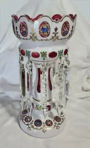 Antique Bohemian 14.5” Mantle Luster Lamp White Cut To Cranberry All 10 Prisms