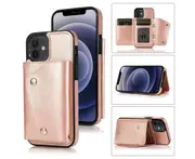 Case for iPhone 12, Leather Wallet Case With Card Pockets Back Flip Shockproof Cover Case-Rose Gold
