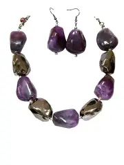 Purple And Burnis Silver Uneven Shape Lucite Bead Necklace Earring set