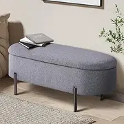 Oikiture Storage Ottoman Oval Linen Ottoman Bench Footstool 98CM Storage Box Chest for Home Bedroom Furniture Toy, Grey