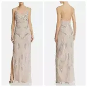 NEW AIDAN MATTOX Petal Blush Deco Beaded Sequin Formal Evening Maxi Gown