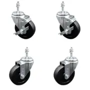 4 Inch SS Soft Rubber Wheel Swivel 3/8 Inch Threaded Stem Caster Set 2 Brake SCC