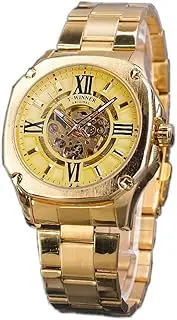 [DAXIAOYU] Rose Gold Automatic Mechanical Wristwatch Square Royal Roman Hollow Dial Stainless Steel Strap Men Business Watch Clock