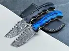 Damascus steel Folding Pocket Knife Lot 2 Blue and Black Wood Handle Sheath