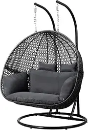 Gardeon Outdoor Egg Swing Chair Rattan Black Garden Bench Hanging Seat, Patio Baconly Furniture Chairs, with Cushions Stand Wicker Basket Double Water Resistant 240kg Capacity