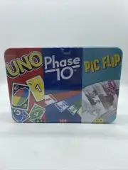 Multi Card Game Bundle Tin Box - Uno, Phase 10, Pic Flip - New Sealed