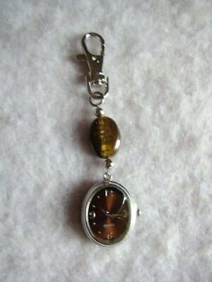 New Pocket or Purse Watch with Hook Silvertone Tiger Eye Stone