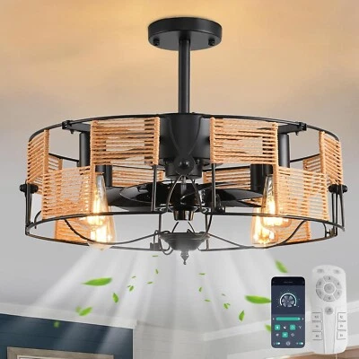 19.6in Caged Ceiling Fan with Light,Boho Rattan Flush Mount Ceiling Fan,Fandelie