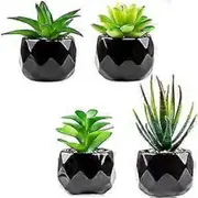 Artificial Succulents Plants with Black Ceramic Pot, Set of 4 Small Fake Plants, Decor for Office, Desk, Window Sill, Table, Bathroom, Balcony, Kitche