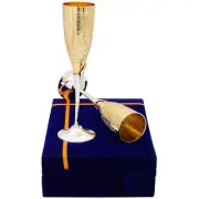 Silver Plated Gold Polish & Brass Champagne Wine Glass with Blue Box, Set of 2