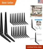 Rustic Iron L Brackets 20 Pack - 10 Inch Black Shelf Brackets for Strong Support