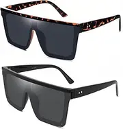 [OCERAVE] 2 Pair Square Flat Top Sunglasses for Women Men, Big Fashion Oversized Rimless Shades Large Mirrored Sunnies