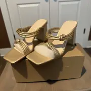 Coutgo Womens Square Open Toe Sandals Two Strap Chunky Heel Backless Gold
