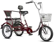 DEFGHIJ 16 Inch Adult Tricycle Elderly Pedal 3 Wheel Bicycle with Shopping Basket Adjustable Double Seat Single Speed Three Wheel Cruiser Bicycle Used for Exercise Shopping (Red)