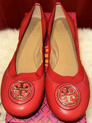 Tory Burch Caroline 2 Ballet Flats in Liberty Red Leather Gold Logo, Size 8.5 M