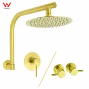 WELS Brushed Gold 8" Round Rainfall Shower Head + 360?? Swivel Gooseneck Wall Arm