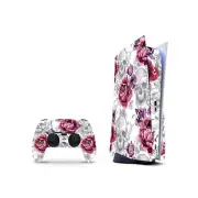 PS5 W/disk Skin for Console and 2 Controllers Bone Skull rose Flower White Decal