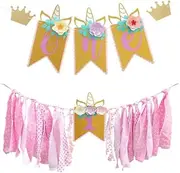 Abaodam High Chair Banner for 1st Birthday Party Decoration Supplies - First Birthday Banner Boy Girl Decorations Flower Art Party Swallow Tail Bunting Flag for Baby Kids