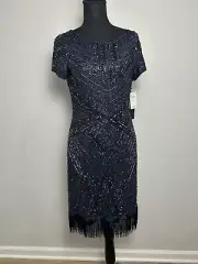 $395 NWT Aidan Mattox Beaded Fringe Trim Cocktail Dress in Navy Women’s Size 12