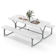 Costway Picnic Table Bench Set 8-Person Outdoor Dining Table All-weather Camping Table Set HDPE White