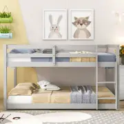 Twin over Twin Size Floor Bunk Bed Wooded Bed Frame Heavy Duty for Kids Teen US
