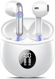 Wireless Earbuds, Bluetooth 5.4 Headphones with 4 ENC Noise Cancelling Mic, Deep Bass, 50H Playtime, LED Display, IP7 Waterproof, in Ear Earphones for Phone, Travel, Laptop, Sports, Moon White