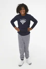 Boys Sizes 8-14 Navy Blue Wi-Fi Long Set PJS Pyjamas (2638)