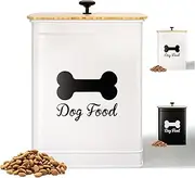 Dog Food Container Airtight 5-7 lb (25 Cup) Capacity - Cute Airtight Dog Food Storage Container with Bamboo Lid & Sturdy Metal Handle - White Metal Kibble Storage Bin for Dogs up to 50 lbs - Pet Jar