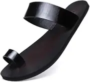 [Lossarye] Men's Black PU Leather Flat Flip Flops Slide Sandals Comfortable Toe Ring Slip On Casual Thong Sandals Summer Non-Slip Beach Slippers for Indoor Outdoor