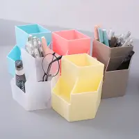 在飛比找蝦皮購物優惠-桌面三格收納筆筒學生 創意多色收納盒辦公學習塑膠筆盒 辦公桌