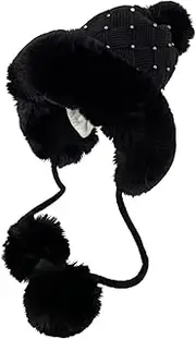 [Generic] Furry Mountain Hat Knit Beanie Hats for Women Winter Warm Soft Comfortable Knit Cap with Pompom Outdoor Ear Cover Hat